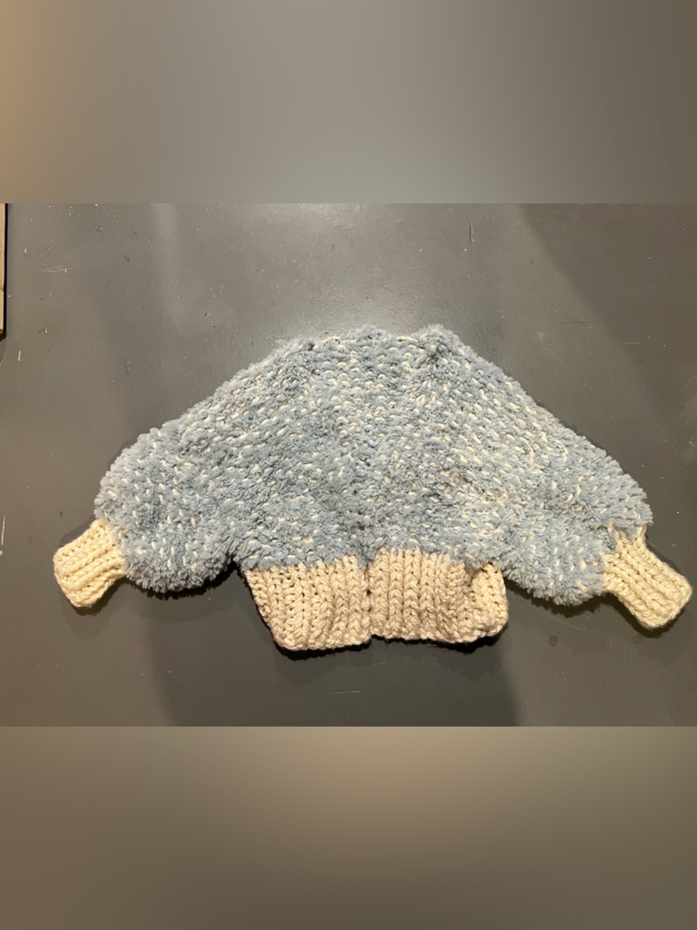 Hand knit one of a kind Cozy Blue and Cream Fuzzy Sweater